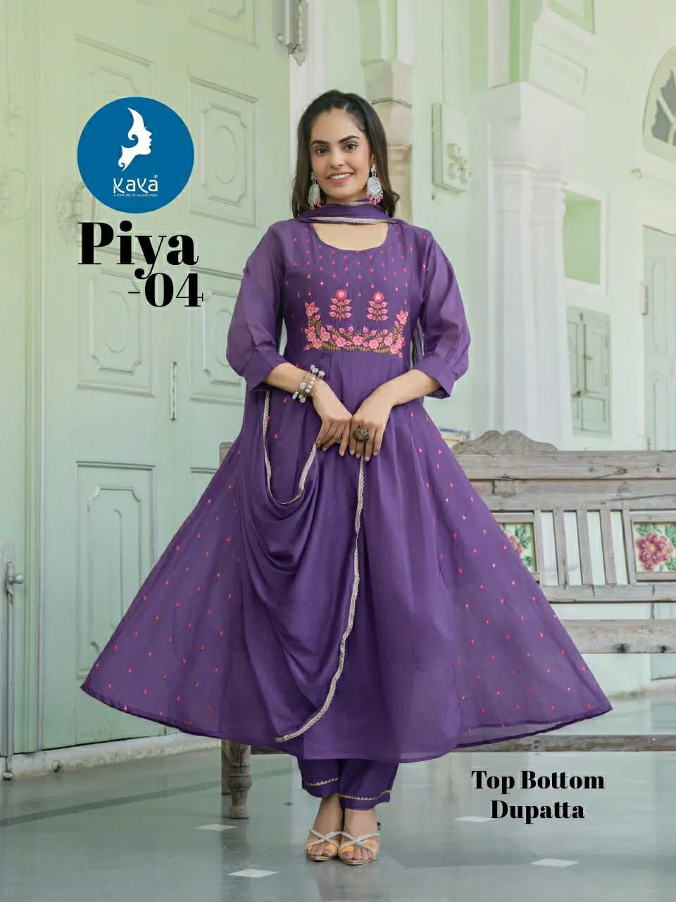 Kaya Piya Mul Chanderi Casual Wear Anakali Top And Bottom Dupatta Set