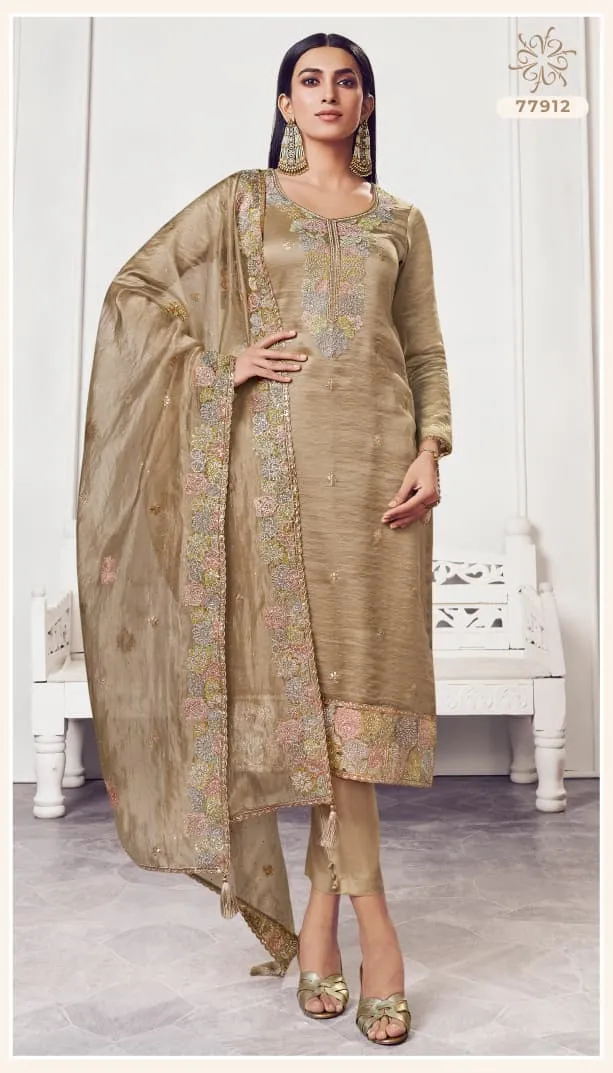 Kuleesh Poshak Soft Gold Silk Embroidered Suit with Zarkan Work & Dupatta - Image 2