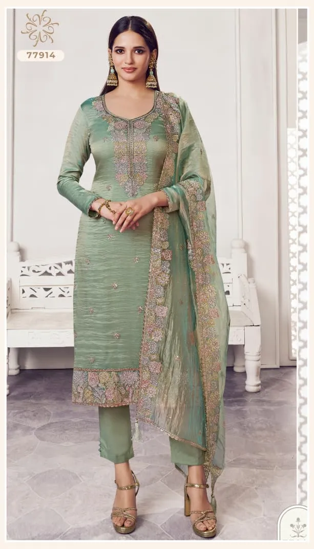 Kuleesh Poshak Soft Gold Silk Embroidered Suit with Zarkan Work & Dupatta - Image 3