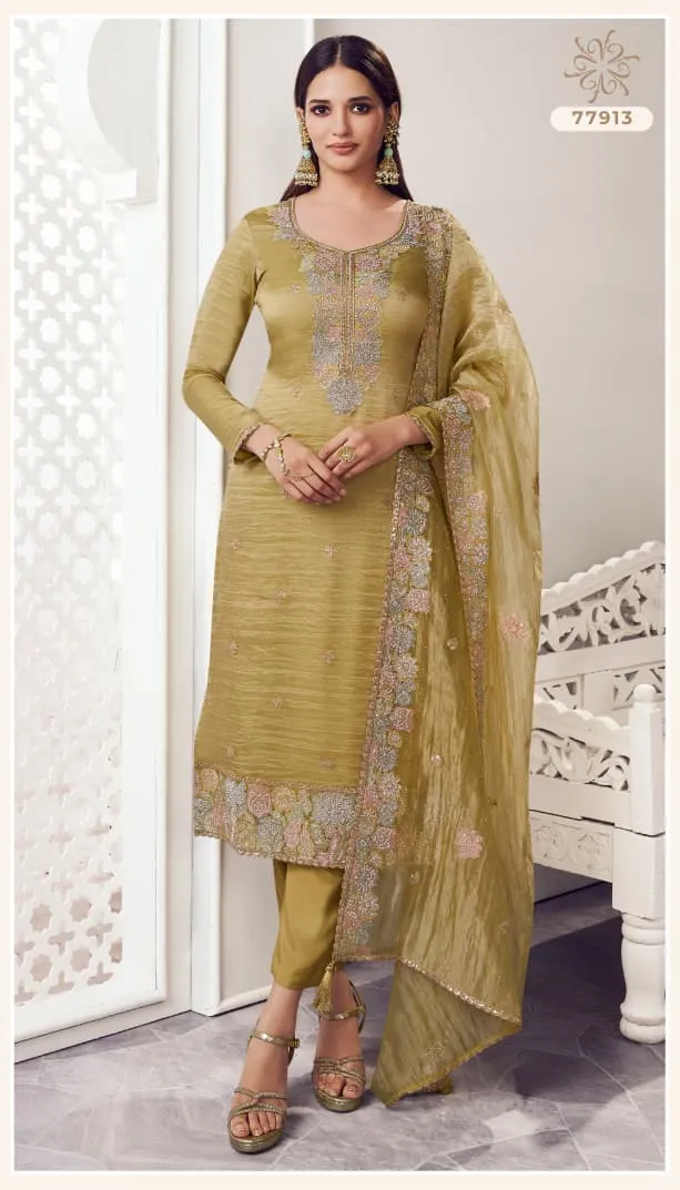 Kuleesh Poshak Soft Gold Silk Embroidered Suit with Zarkan Work & Dupatta - Image 5