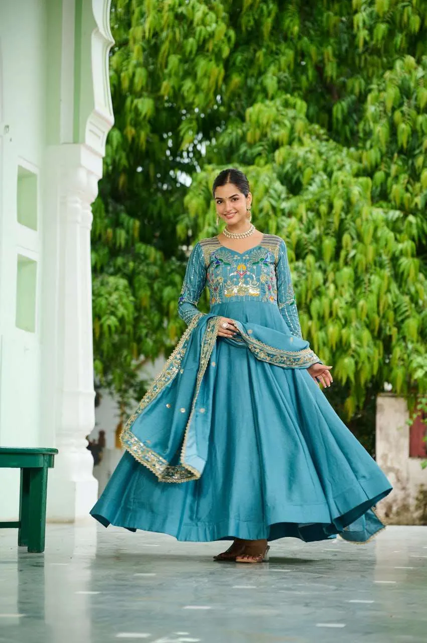 LW 9299 Silk Beautiful Festive Wear Designer Readymade Gown with Dupatta Set