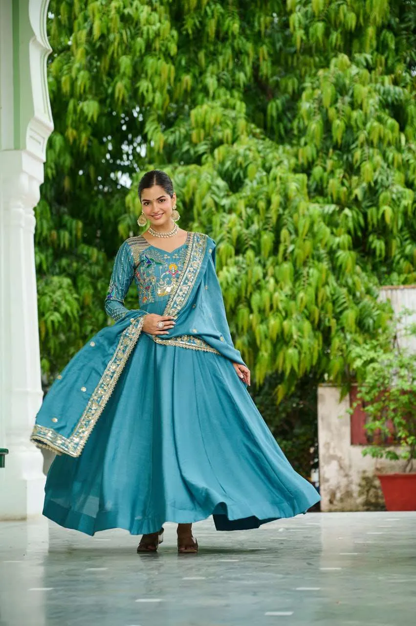 LW 9299 Silk Beautiful Festive Wear Designer Readymade Gown with Dupatta Set - Image 4