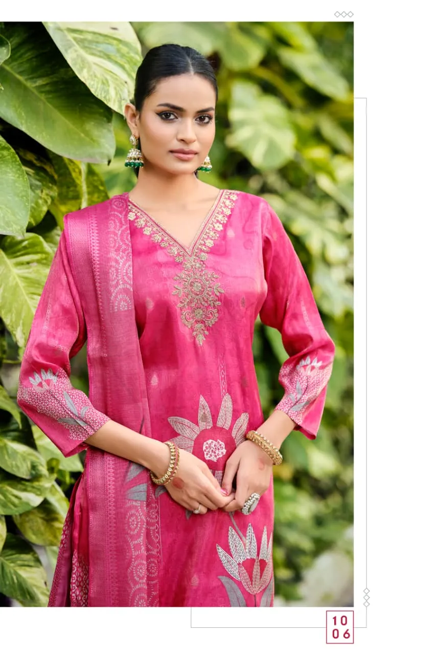 Ossm Gulabo Jacqurd Simmer Silk Embroidery Kurti Pant And Dupatta Set