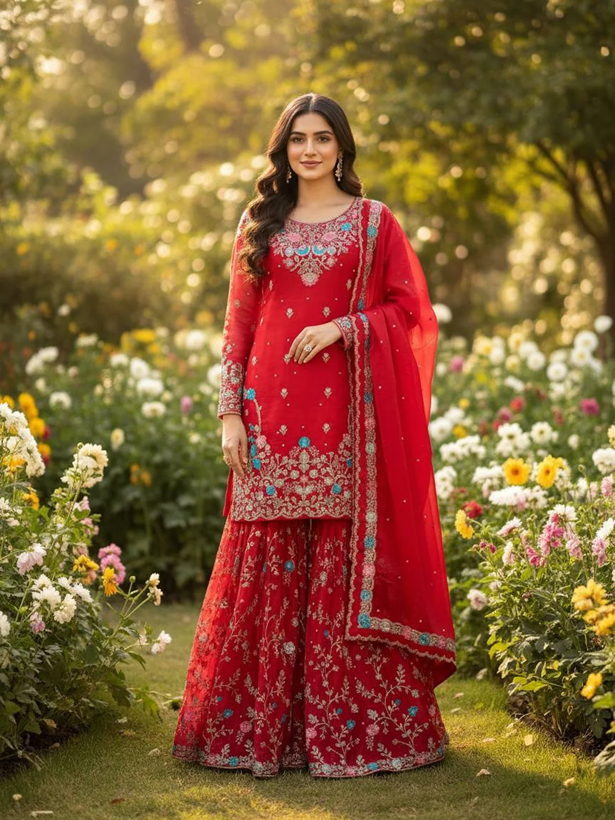 Elegant JMC Silk Anarkali Sharara Set with Embroidery & Dupatta