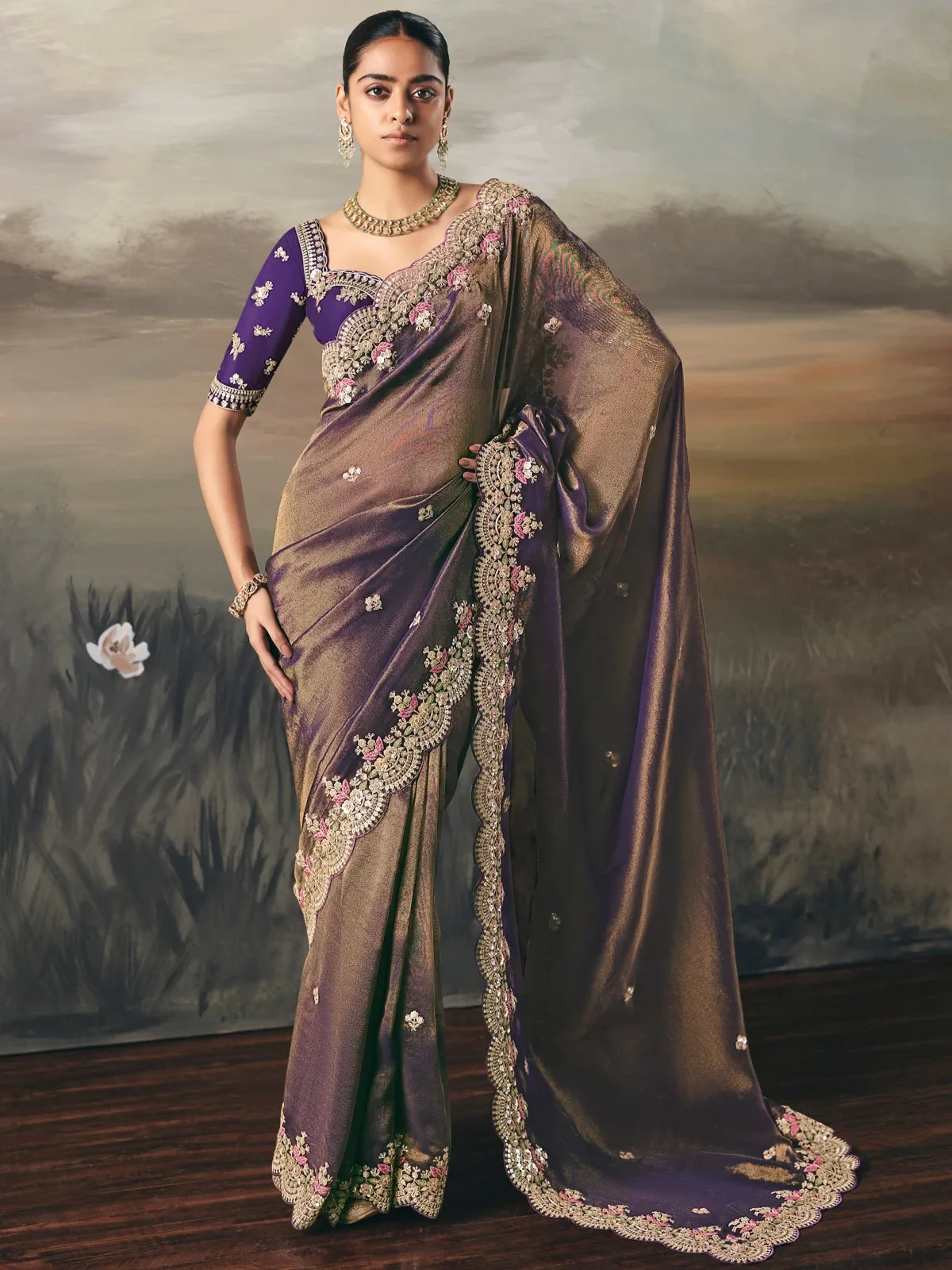 Purple Tissue Traditional Premium Tissue Zari Silk Embroidery Saree