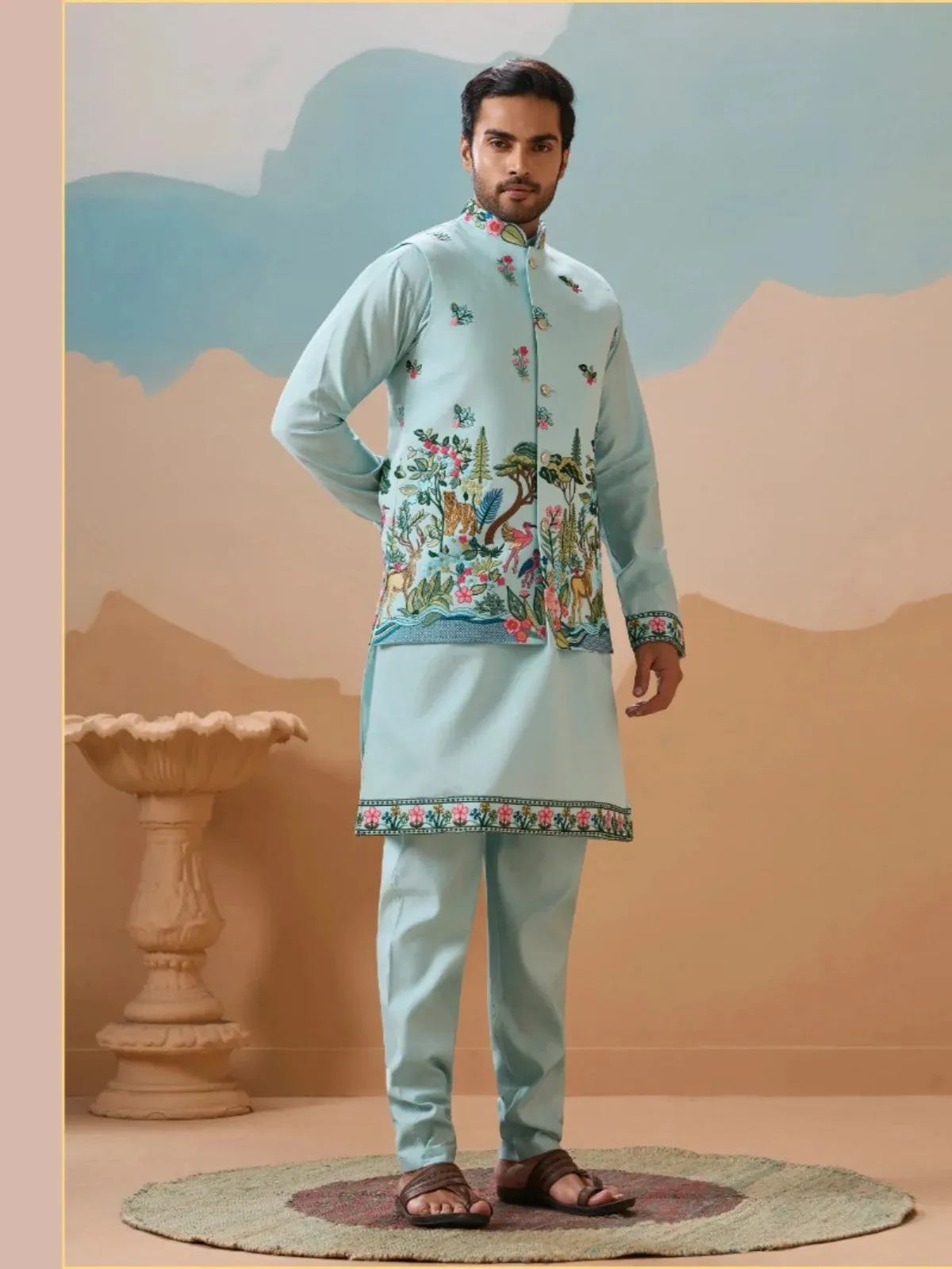 Shubhvastra Vantara Viscose Silk Threadwork Kurta Bottom Koti Collection - Image 3