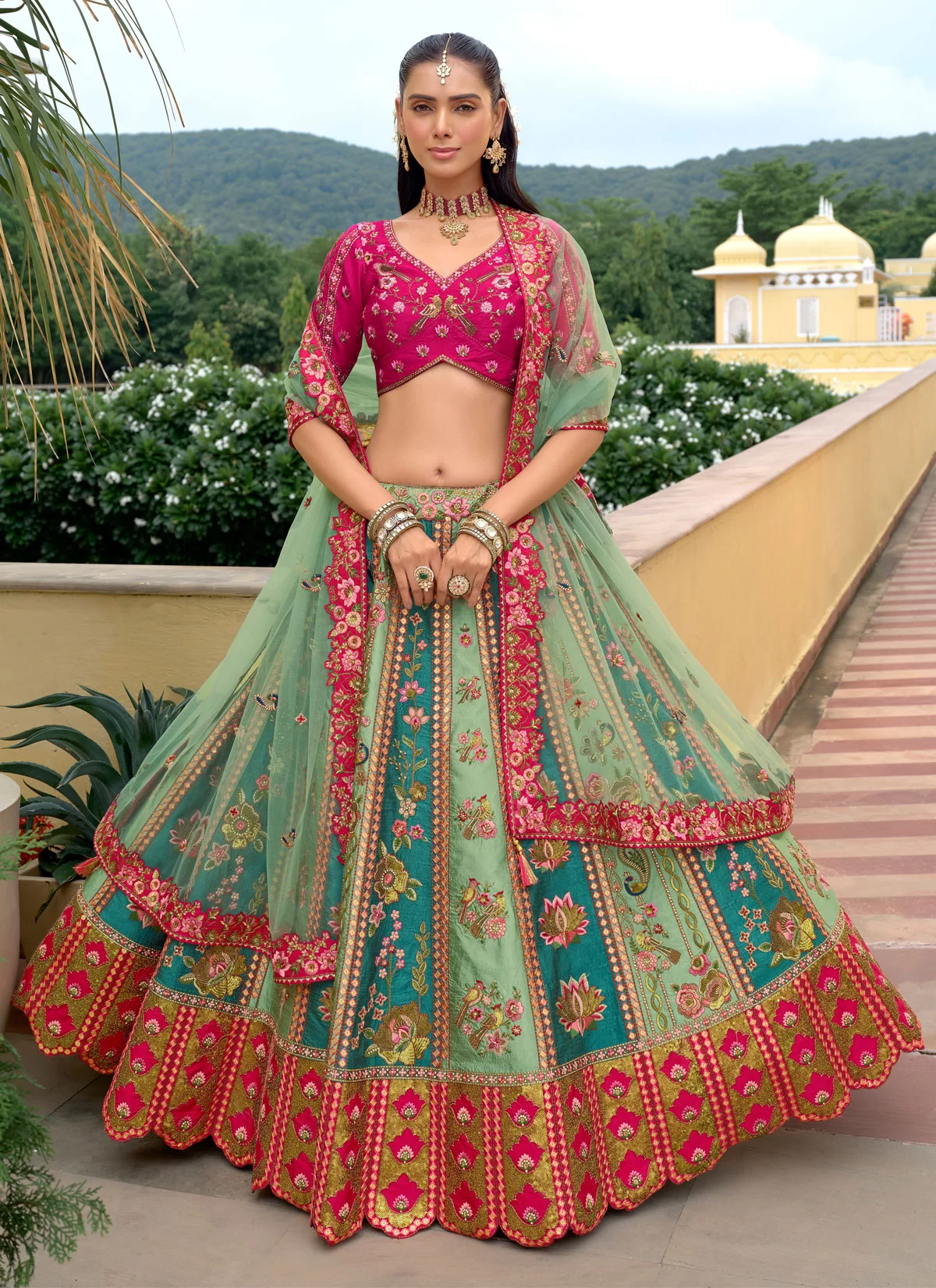 Anaraa Green & Pink Multi Colour Designer Bridal Lehenga Choli