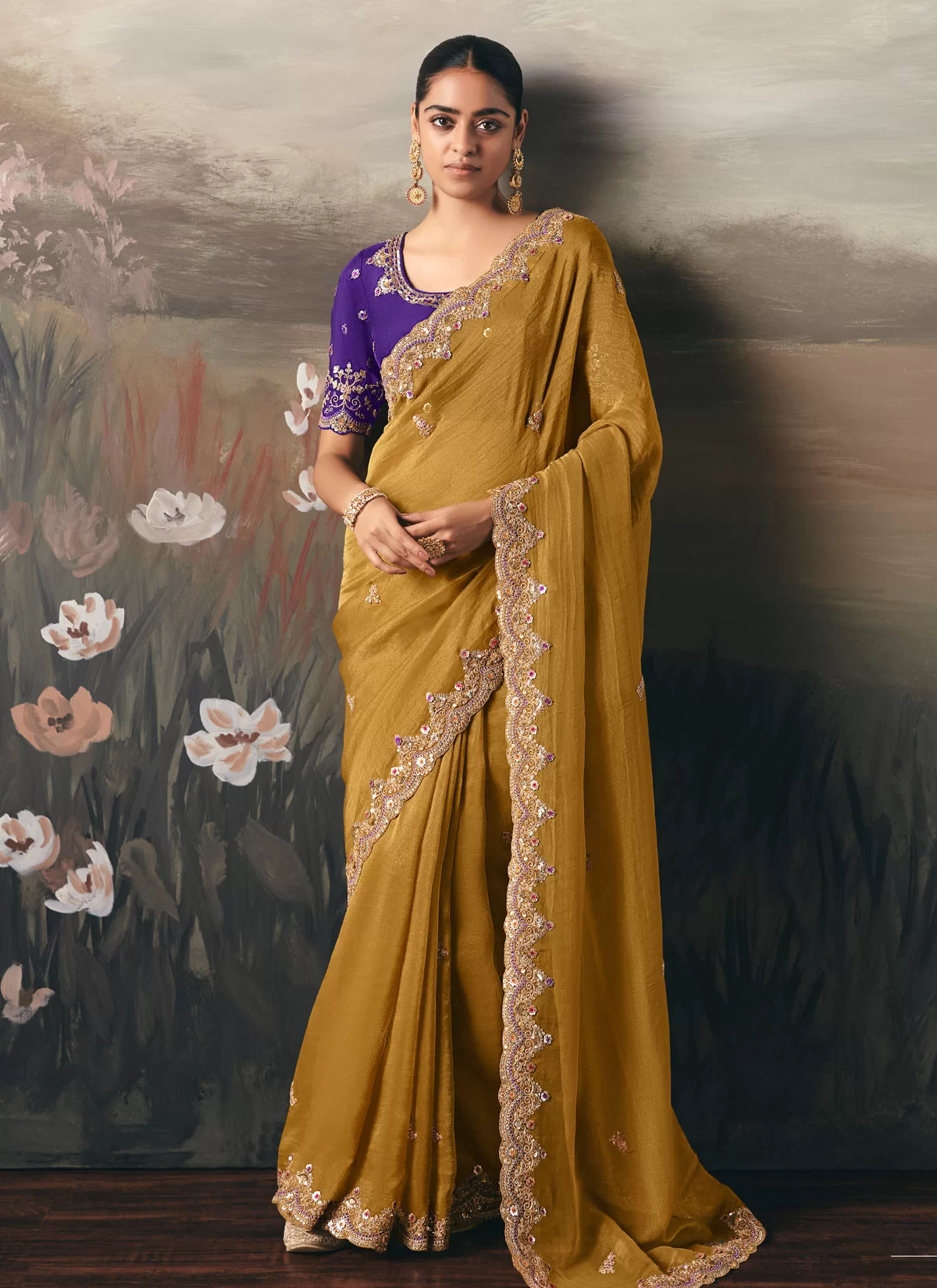 Mustard Tissue Silk Saree with Heavy Embroidered Border & Contrast Blouse