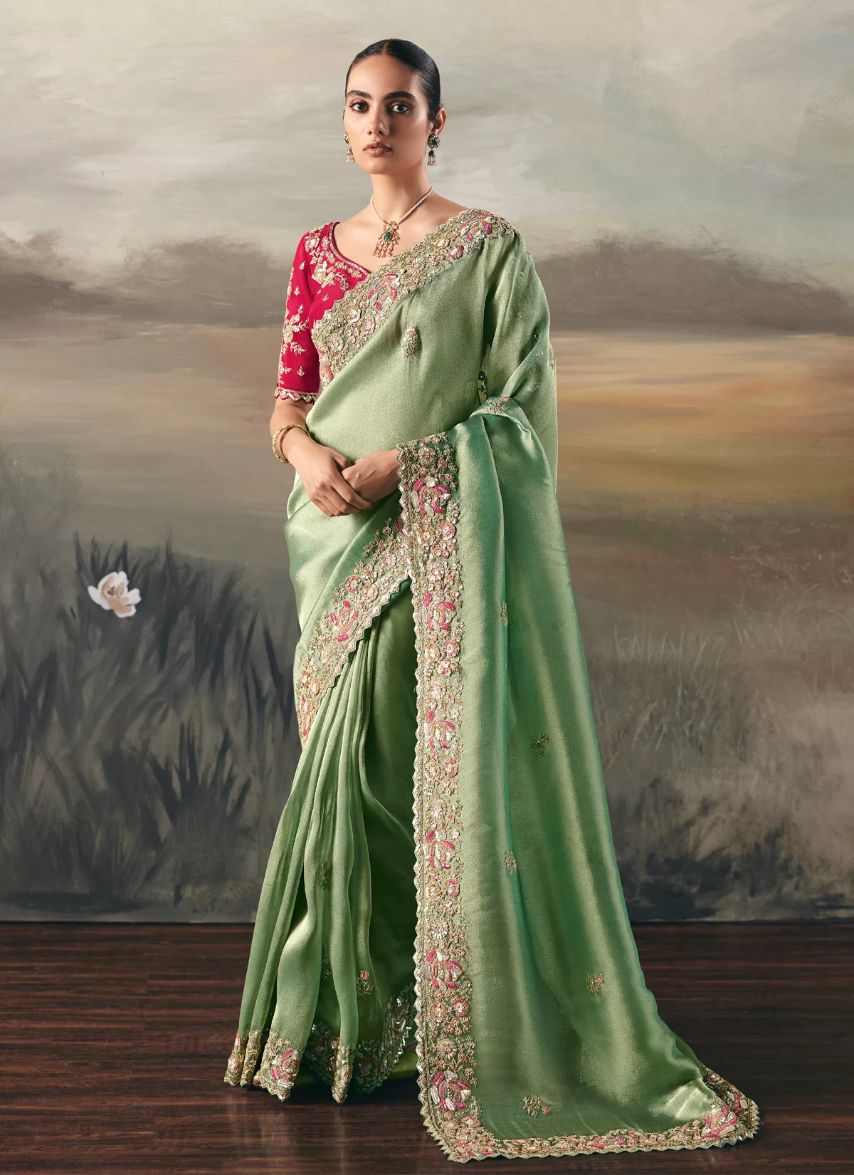 Sea Green Tissue Silk Saree with Heavy Embroidered Border & Blouse