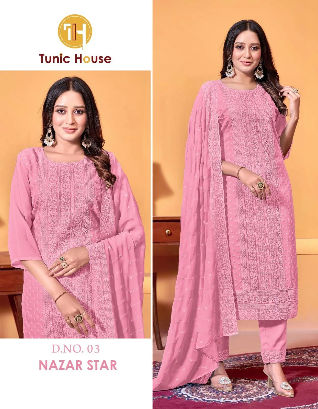 Tunic House Nazar Star Georgette Chikankari Kurti with Bottom & Dupatta Set