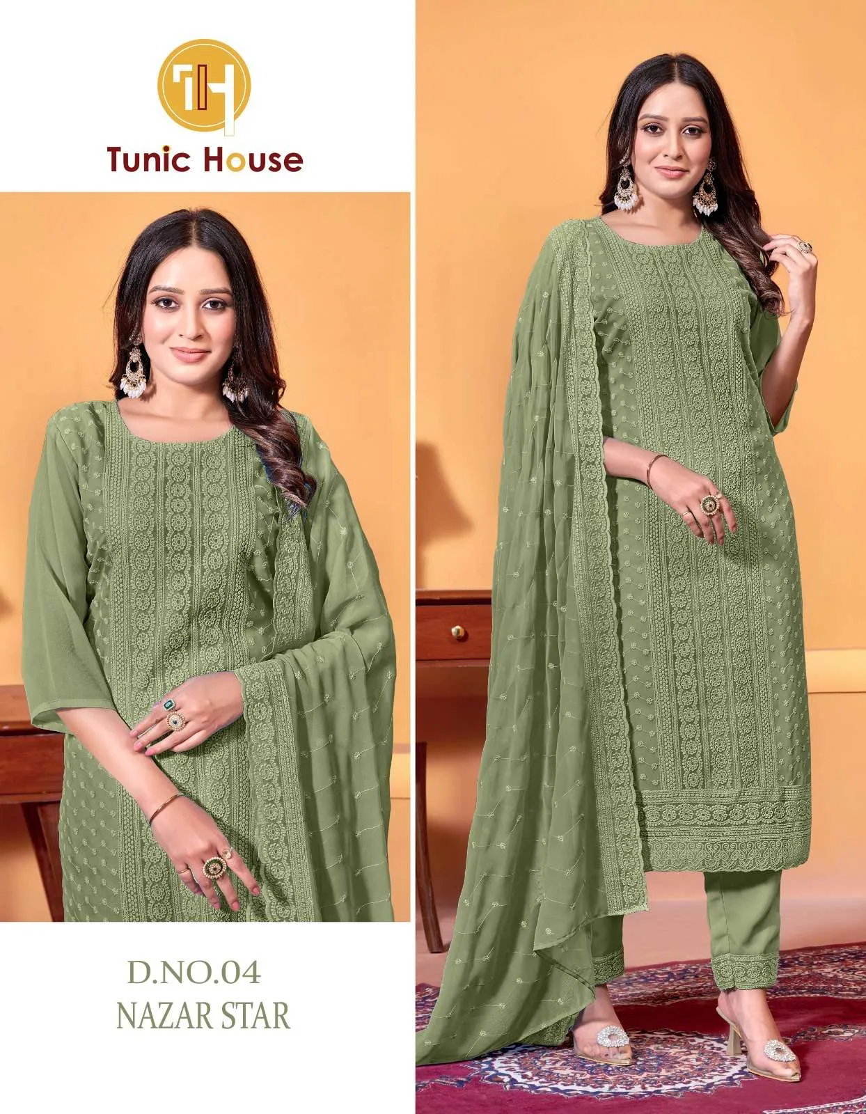 Tunic House Nazar Star Georgette Chikankari Kurti with Bottom & Dupatta Set - Image 2