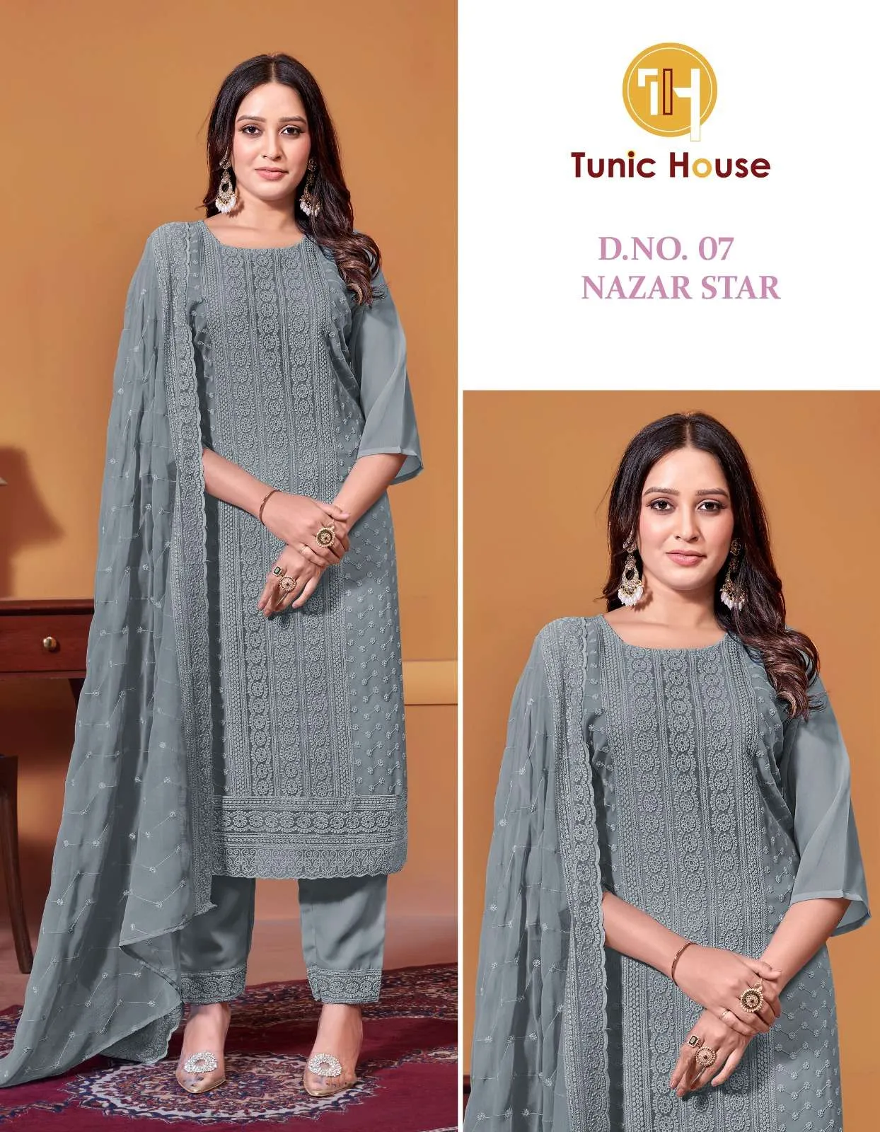 Tunic House Nazar Star Georgette Chikankari Kurti with Bottom & Dupatta Set - Image 3