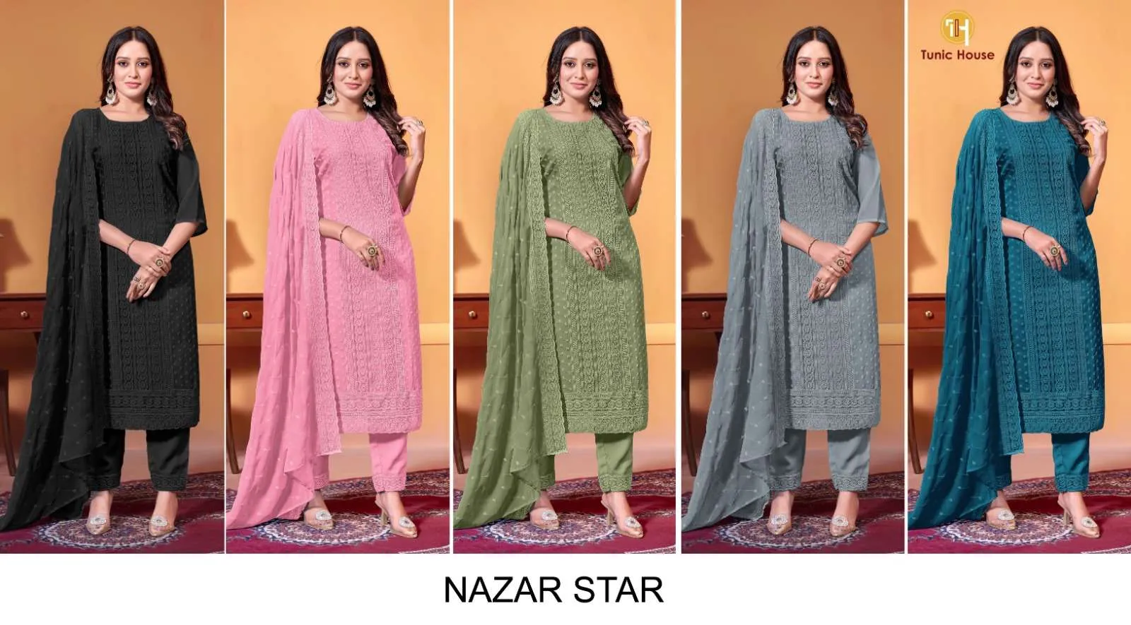 Tunic House Nazar Star Georgette Chikankari Kurti with Bottom & Dupatta Set - Image 7