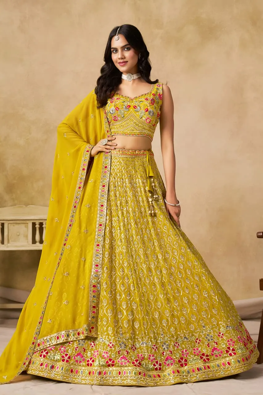 Yellow Georgette Embroidered Lehenga Choli Set